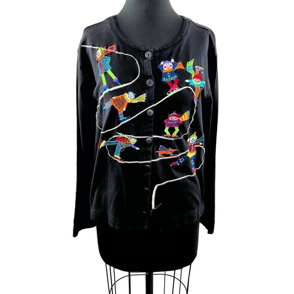 VINTAGE Christina Rotelli Black Cotton Embroidered Ice Skating Button Down Top - Picture 1 of 10